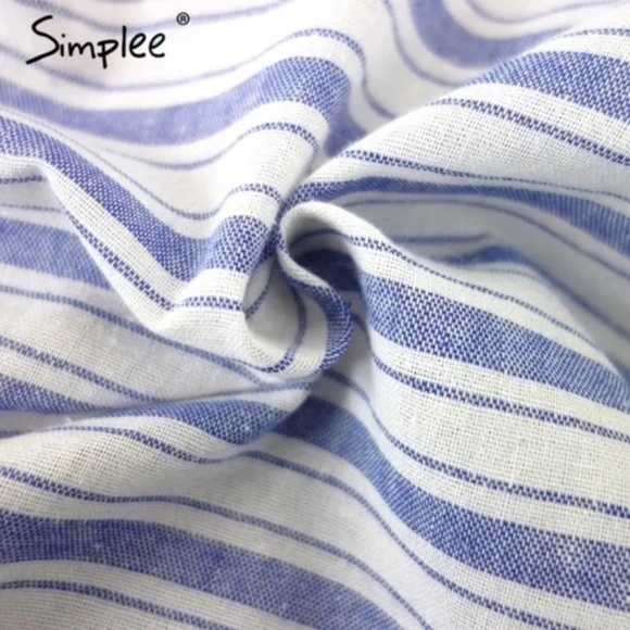 Simplee Apparel Blue And White Pinstripes Off the Shoulder Romper Women L - Picture 8 of 9